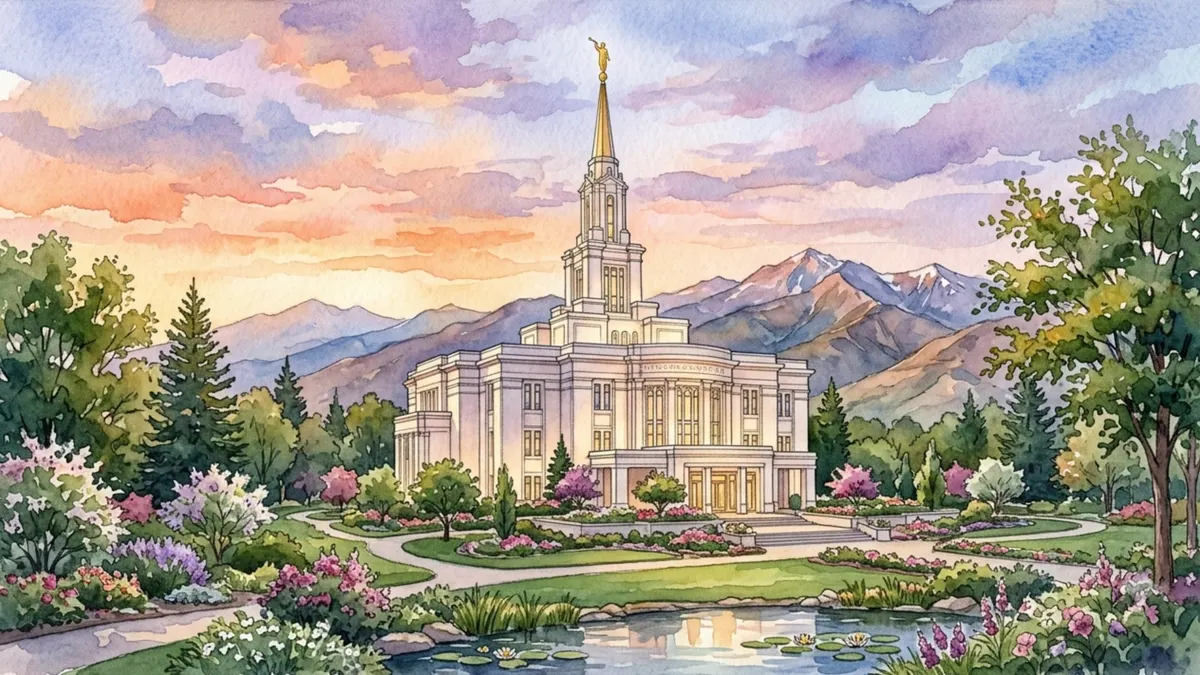 Payson Utah Temple Frame TV sign — a sunset watercolor painting of the temple reflected in a lily-pad pond, framed by mountains and garden flowers